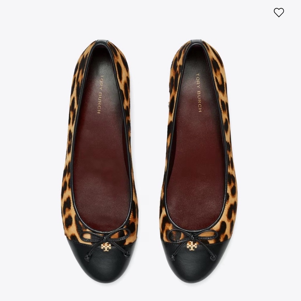 Tory Burch Cap-Toe Ballet Black and Brown Leopard Printed Hair Calf